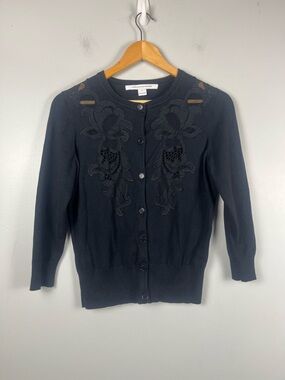 DIANE VON FURSTENBERG BLACK silk blend lace DETAILED CARDIGAN SIZE small
